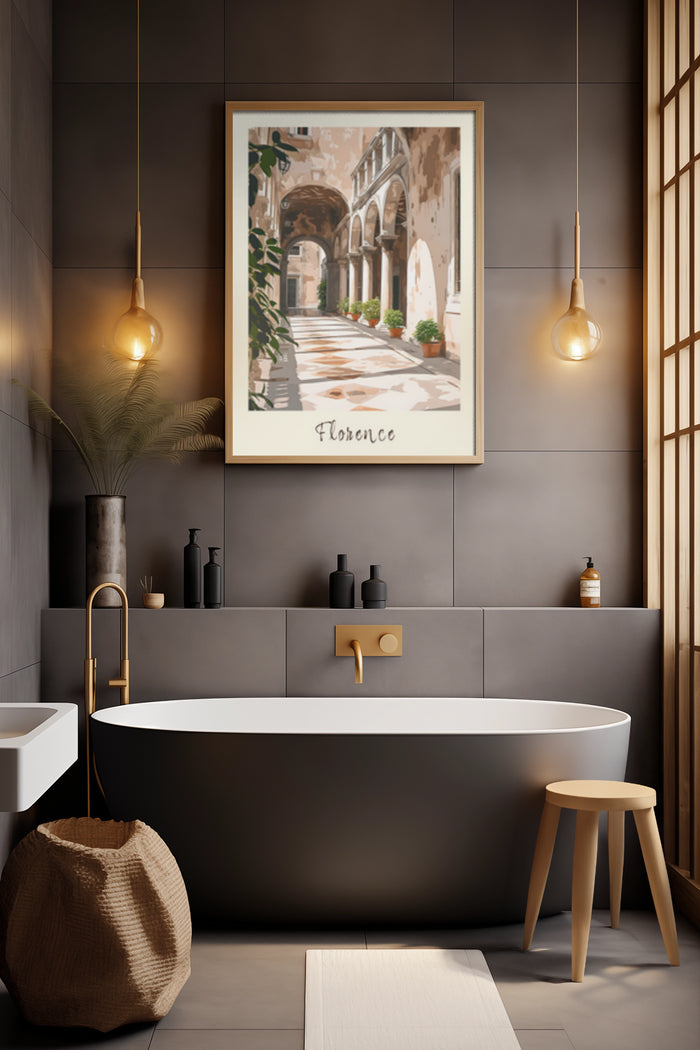 Elegant Florence Italy artwork poster displayed above bathtub in a contemporary bathroom design
