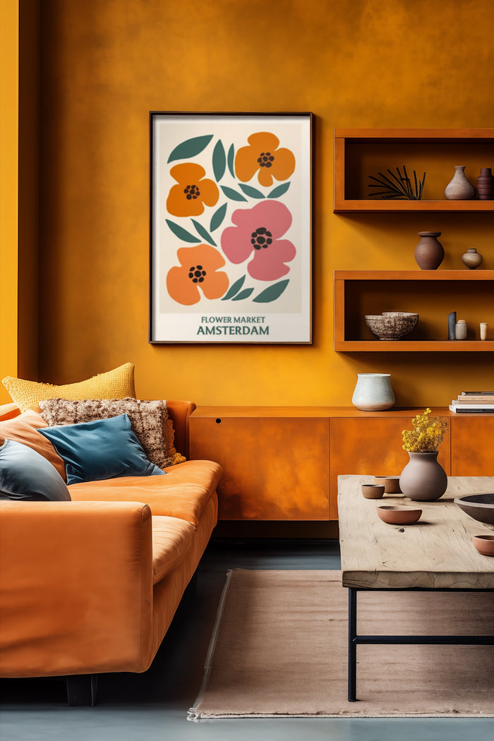 Stylish interior with modern orange sofa and flower market Amsterdam poster on wall