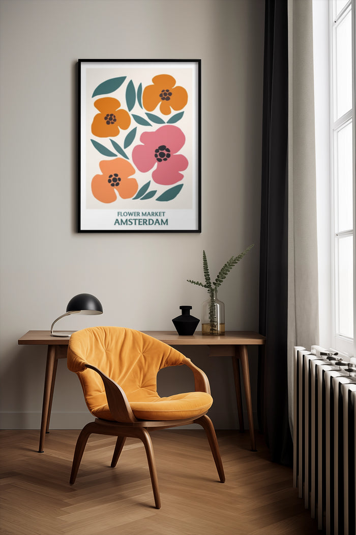 Stylish minimalist poster of Flower Market Amsterdam with colorful floral design on wall