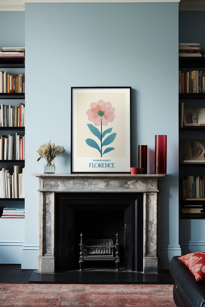 Stylish interior with a framed poster of Flower Market Florence above a classic fireplace