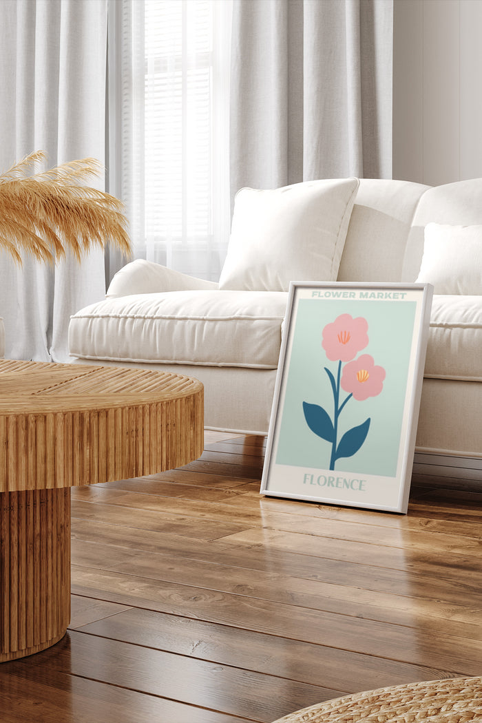 Minimalist Flower Market Florence poster in a modern living room setting