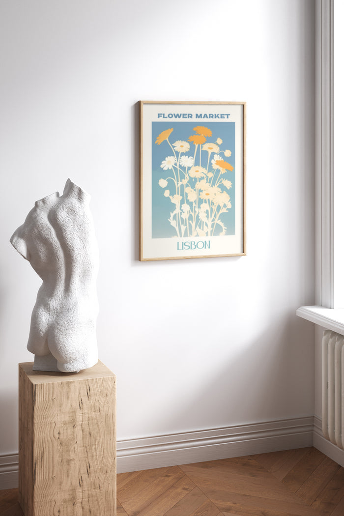 Elegant Flower Market Lisbon poster on wall with modern sculpture in a stylish interior setting