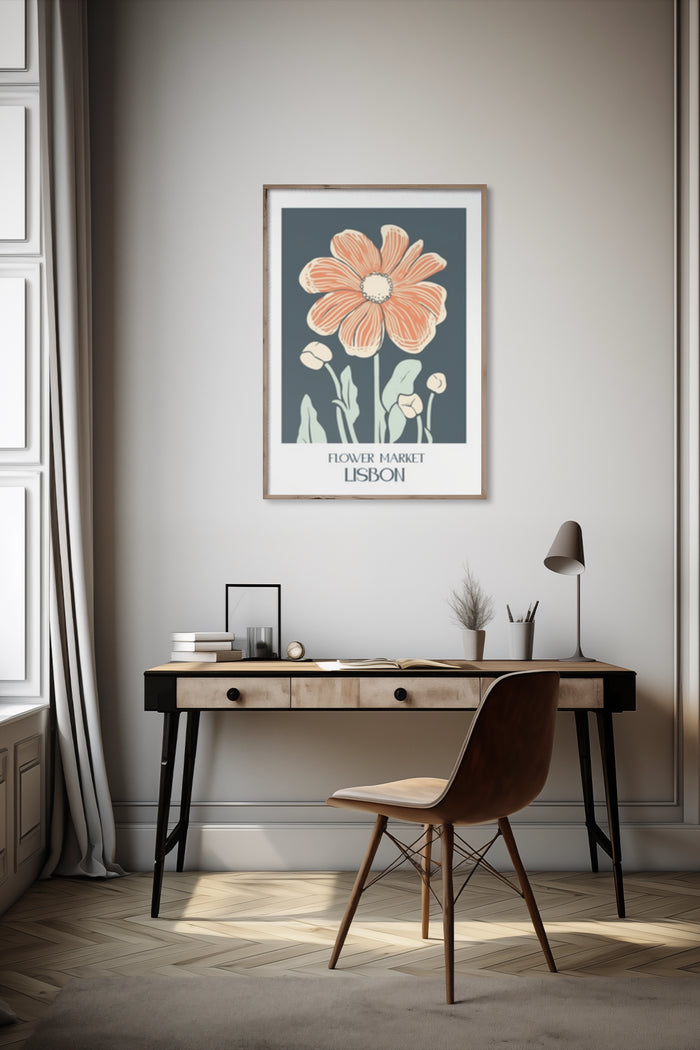 Stylish home interior with framed Lisbon Flower Market poster artwork on wall