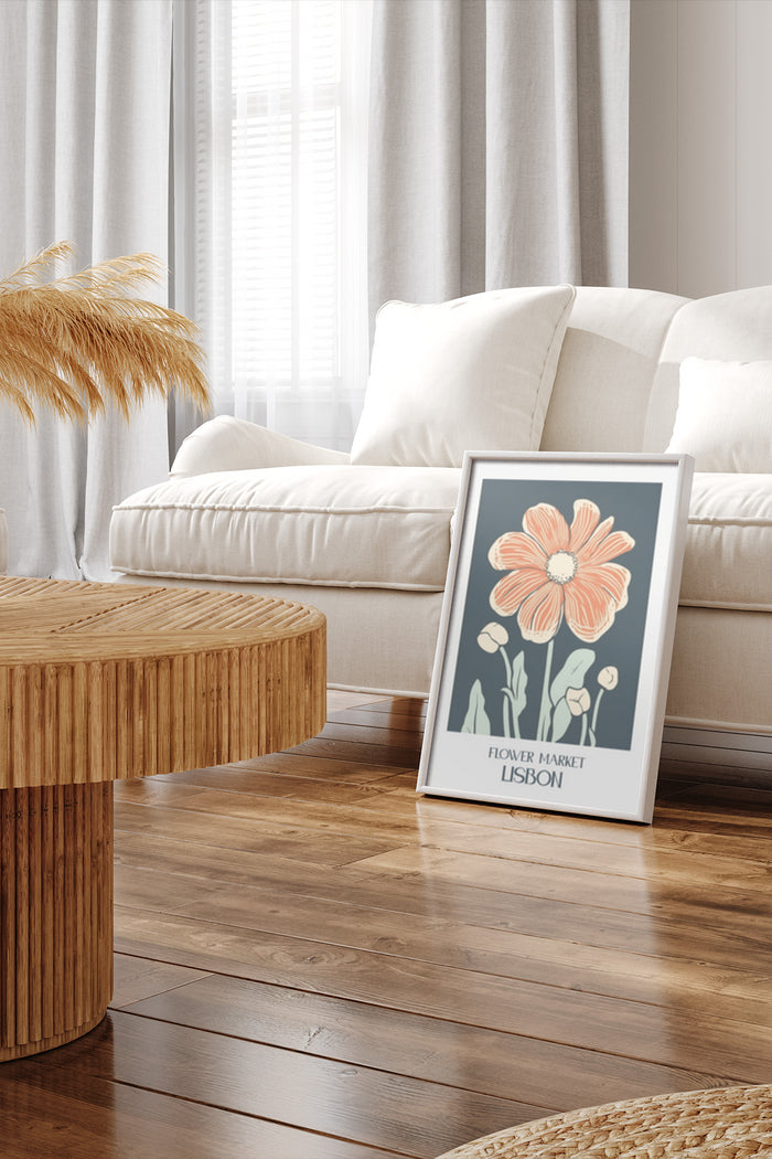 Flower Market Lisbon advertisement poster with orange flower, placed in a modern living room setting