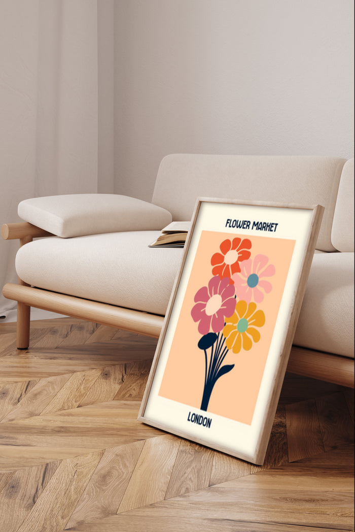 Retro style Flower Market poster with colorful flowers text London in a frame