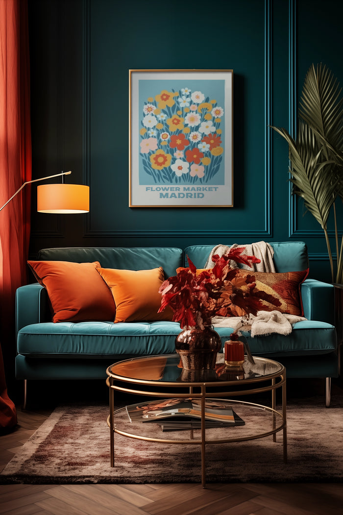 Stylish interior with flower market Madrid poster, teal sofa and gold accents for cozy home inspiration