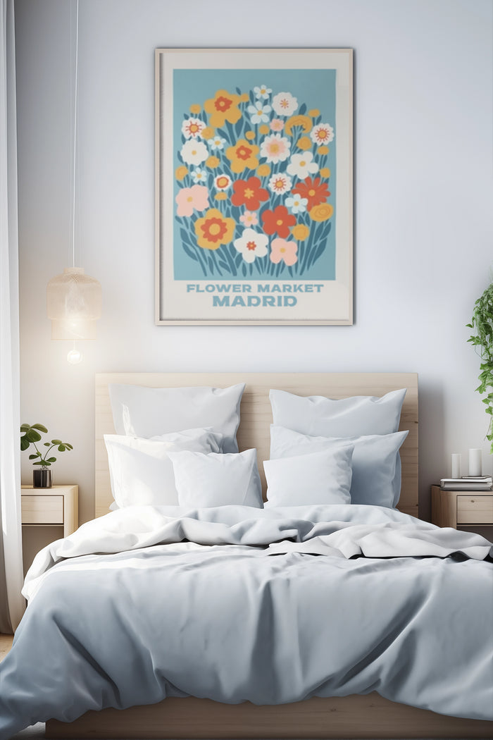 Colorful Flower Market Madrid vintage poster in a modern bedroom setting