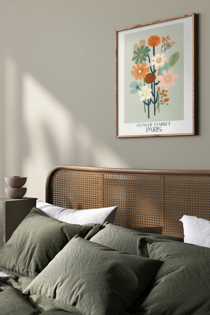 Elegant bedroom interior with flower market Paris poster artwork above the bed