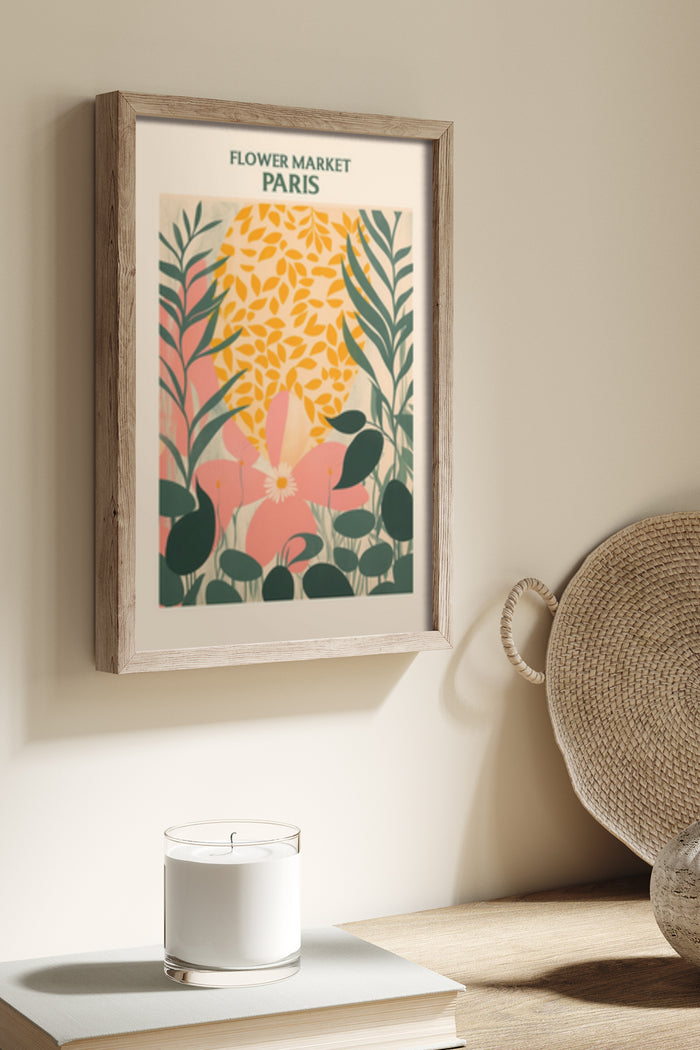 Flower Market Paris Poster in Wooden Frame on Wall beside a Candle and Woven Basket