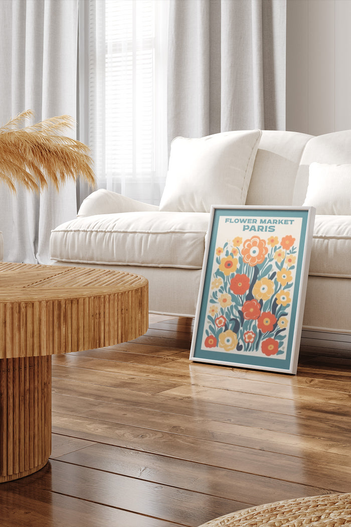 Flower Market Paris poster with colorful floral design in a modern living room setting