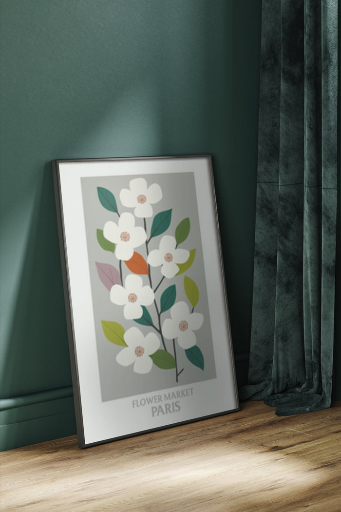 Floral art poster displaying 'Flower Market Paris' in a stylish frame, leaned against a wall