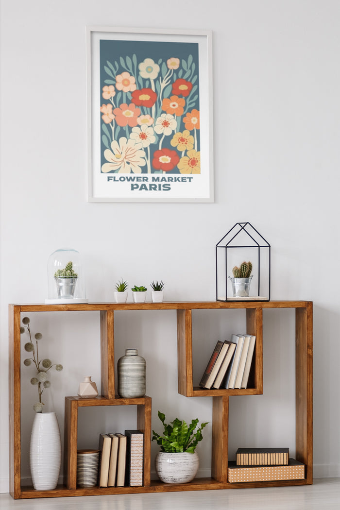 Flower Market Paris Poster in a Modern Home Interior with Bookshelf and Houseplants