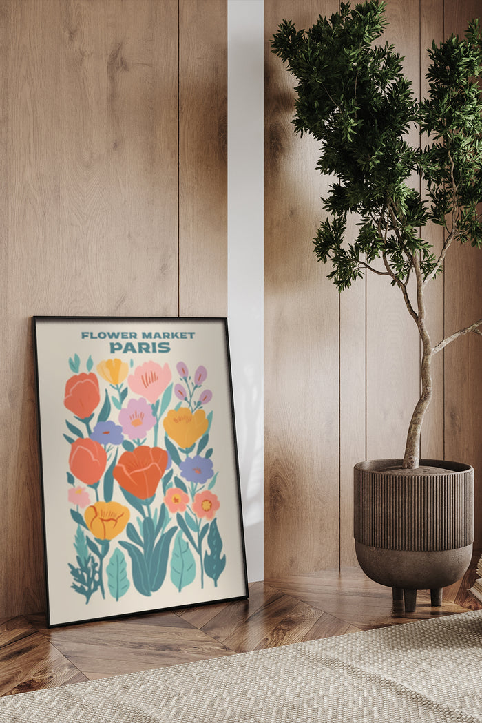 Stylish flower market Paris poster with colorful floral design in a modern interior