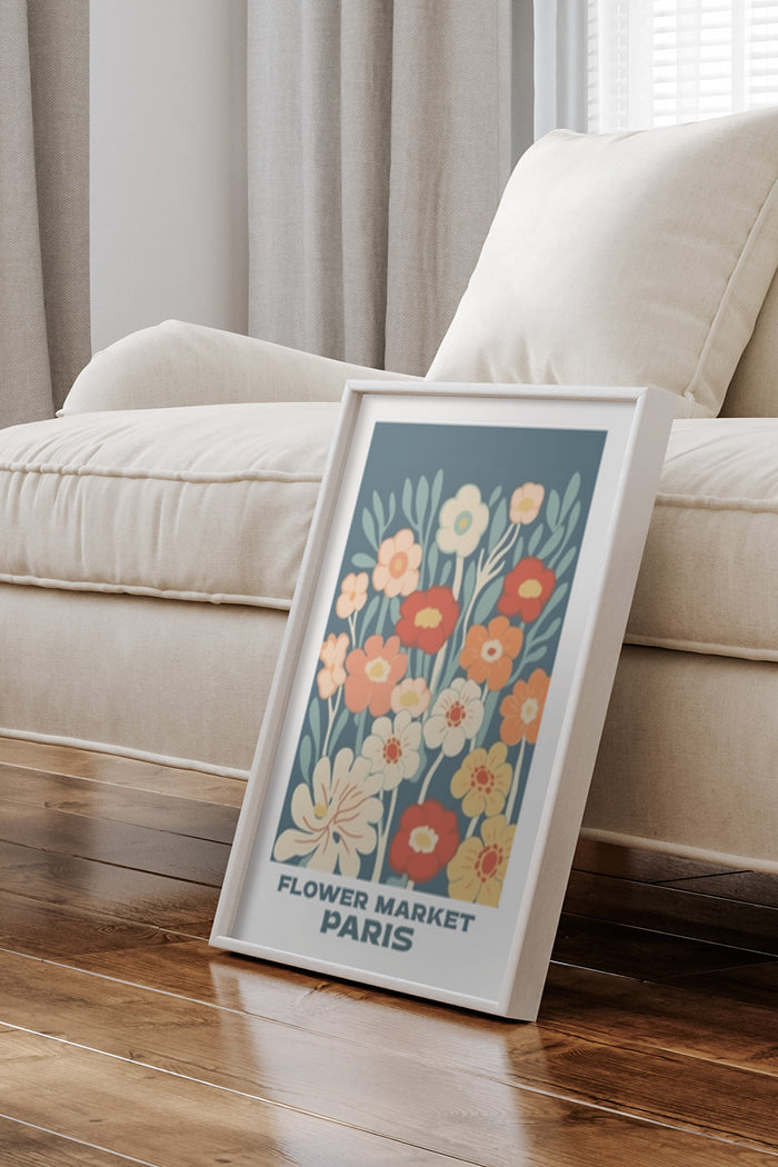 Floral art poster advertising Flower Market in Paris displayed in a modern home