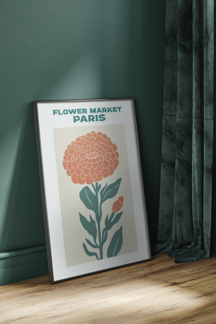 Stylized Flower Market Paris poster with large pink flower illustration