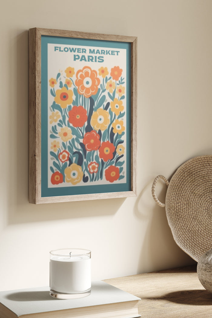 Colorful Flower Market Paris poster with floral design in a wooden frame on a wall