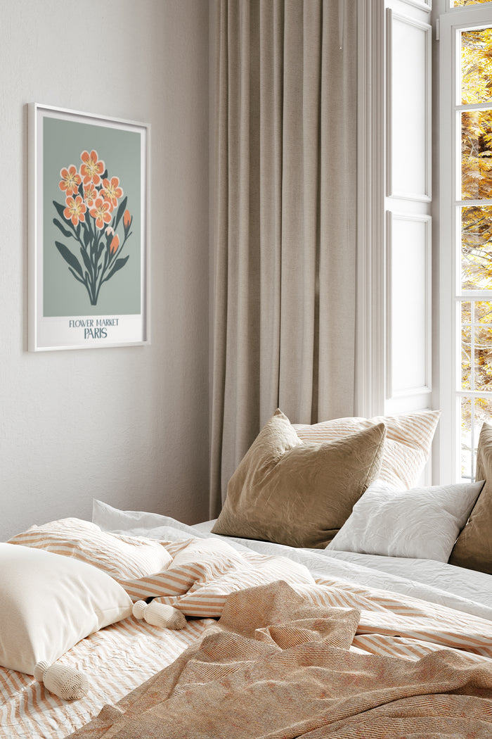 Elegant Parisian Flower Market Poster displayed in a cozy bedroom setting with autumn view outside the window