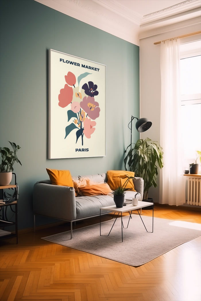 Stylish Parisian flower market artwork in a cozy contemporary living room interior