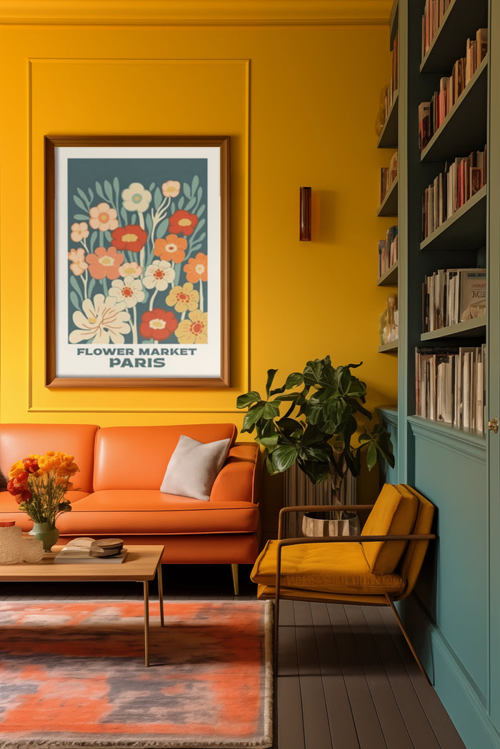 Colorful Flower Market Paris poster in a modern living room with orange sofa and bookshelf