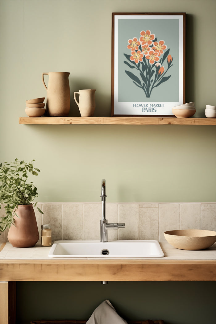 Elegant Paris Flower Market poster in a stylish kitchen setting with earthy tone ceramics