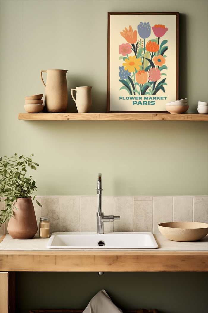 Colorful Flower Market Paris poster in kitchen setting with pottery on wooden shelf