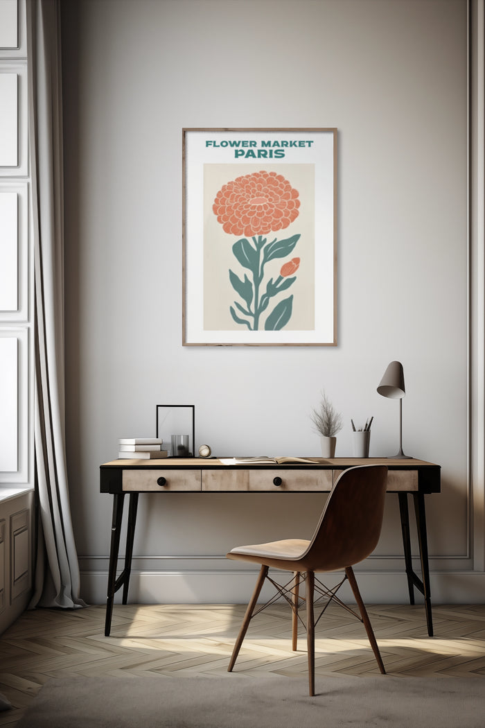 Vintage Flower Market Paris Poster Design in Stylish Home Office