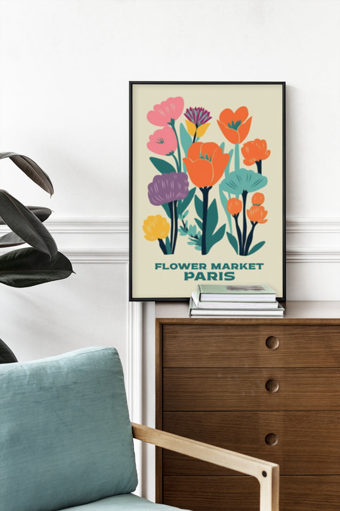 Vintage Style Flower Market Paris Poster with Colorful Floral Illustration