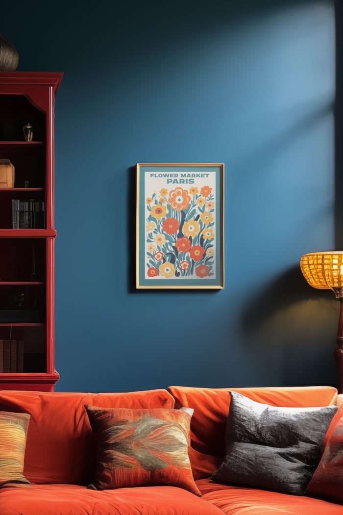 Vintage Flower Market Paris Poster in Stylish Home Interior with Blue Walls and Red Couch