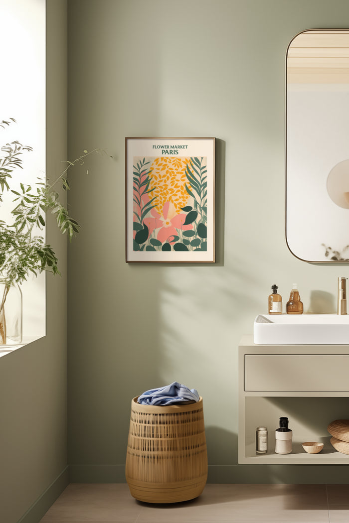 Vintage Flower Market Paris Poster in a Chic Home Bathroom Setting