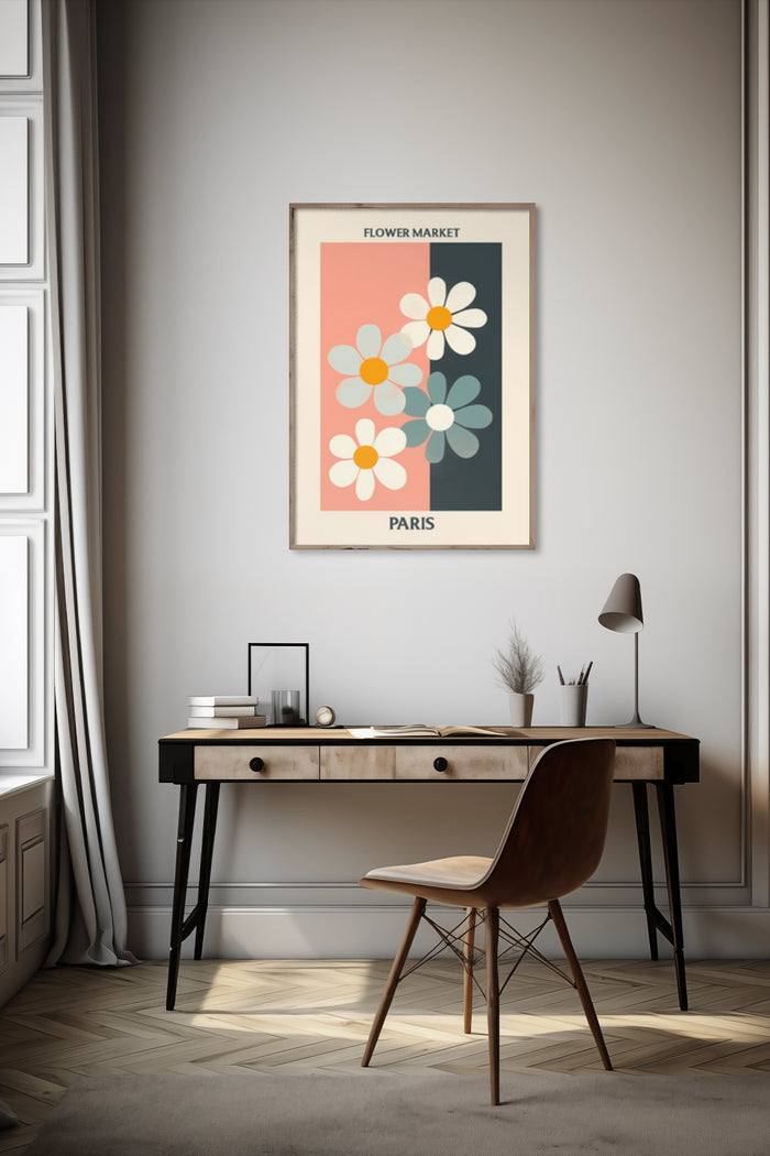 Flower Market Paris Poster within a Stylish Home Office Interior