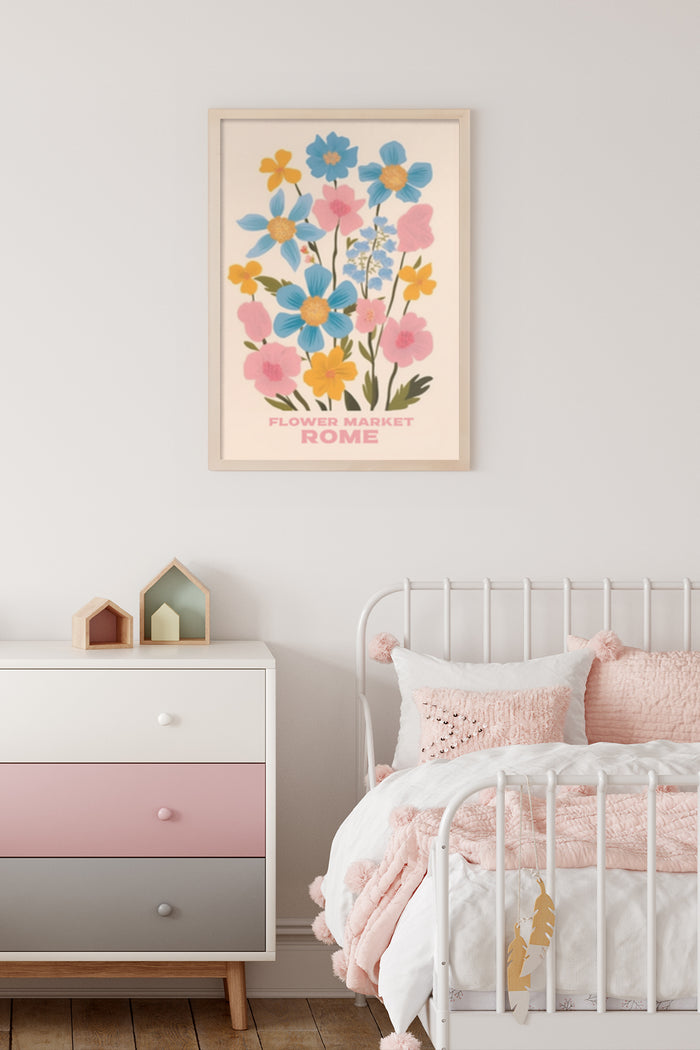 Flower Market Rome colorful floral poster artwork in a modern bedroom setting