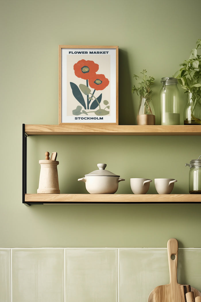 Flower Market Stockholm vintage style poster in kitchen setting with wooden shelves and ceramic tableware