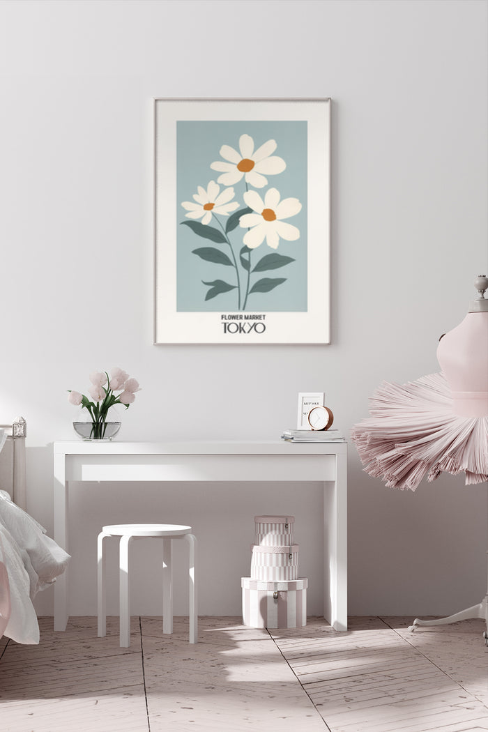 Minimalist Daisy Poster from Flower Market Tokyo Adorning a Modern Home Interior