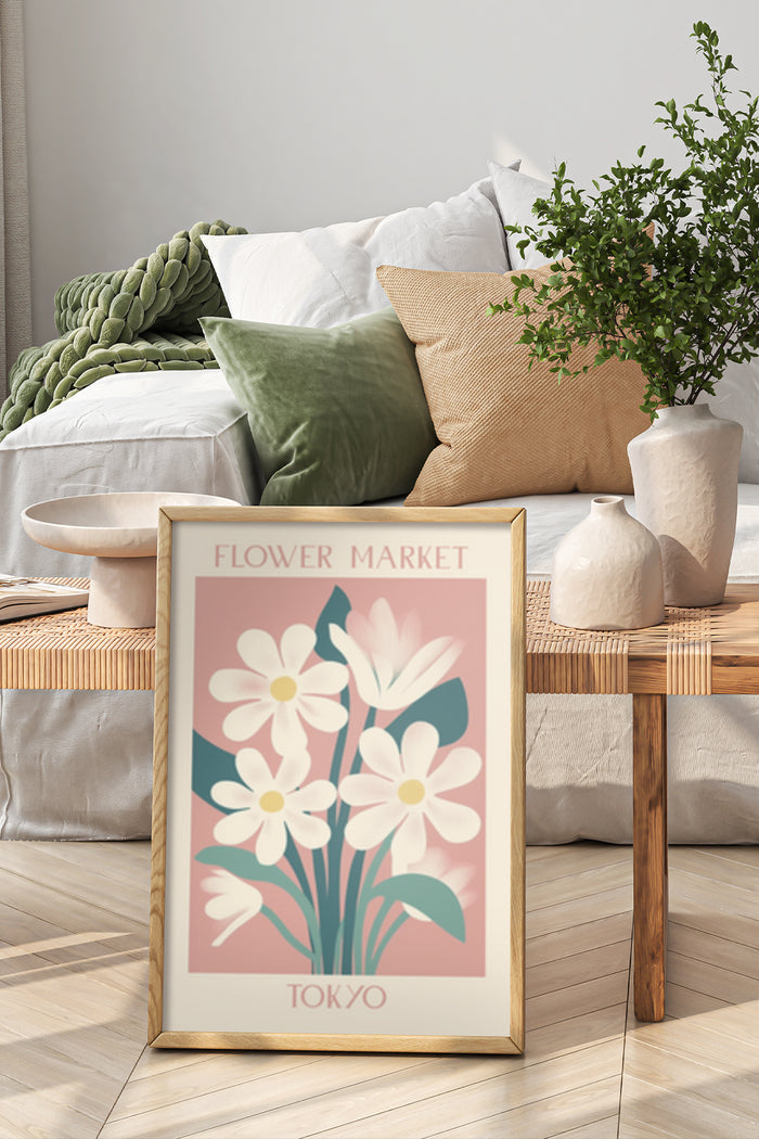 Tokyo Flower Market themed poster in a cozy bedroom interior setting with decorative pillows and plants