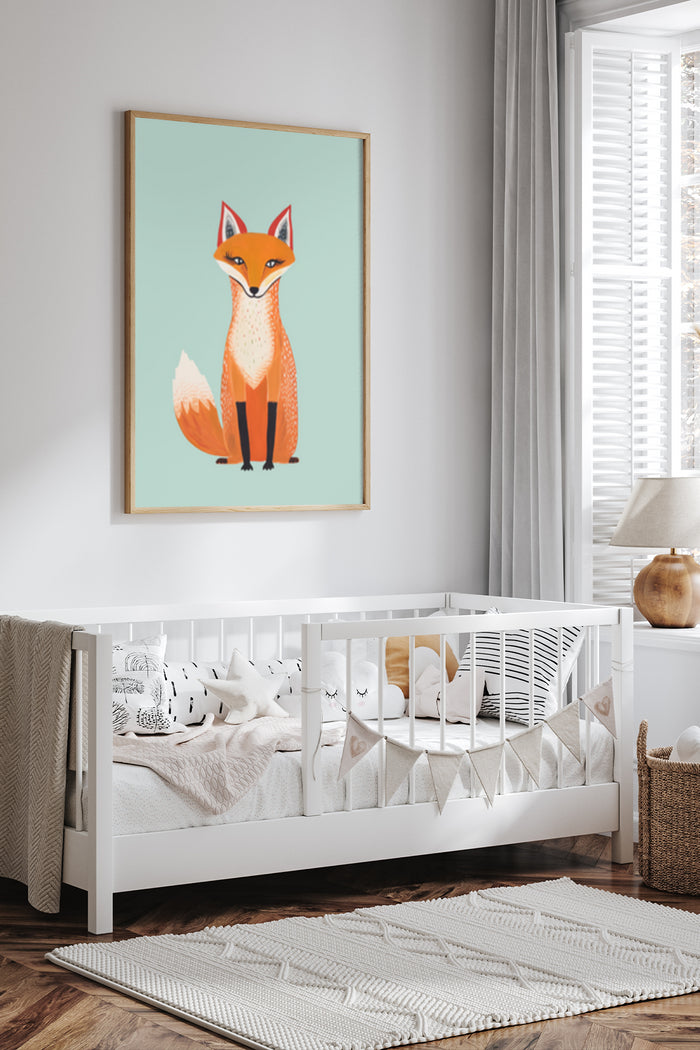 Modern fox illustration poster in a frame as children's bedroom wall decor