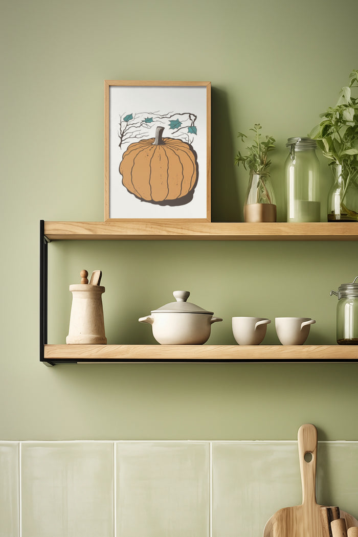 Contemporary framed pumpkin illustration poster on a modern kitchen shelf