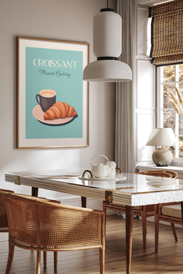 French Baking Croissant and Coffee Poster in Stylish Dining Room Interior