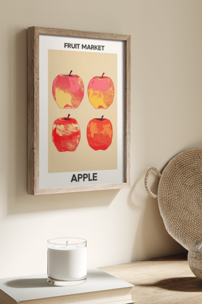 Stylized Fruit Market Apple Poster Artwork in Wooden Frame