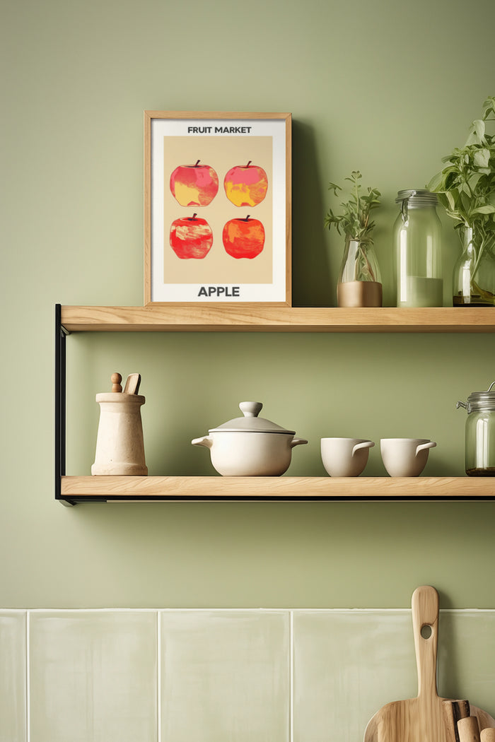 Stylish fruit market apple poster framed in a kitchen setting