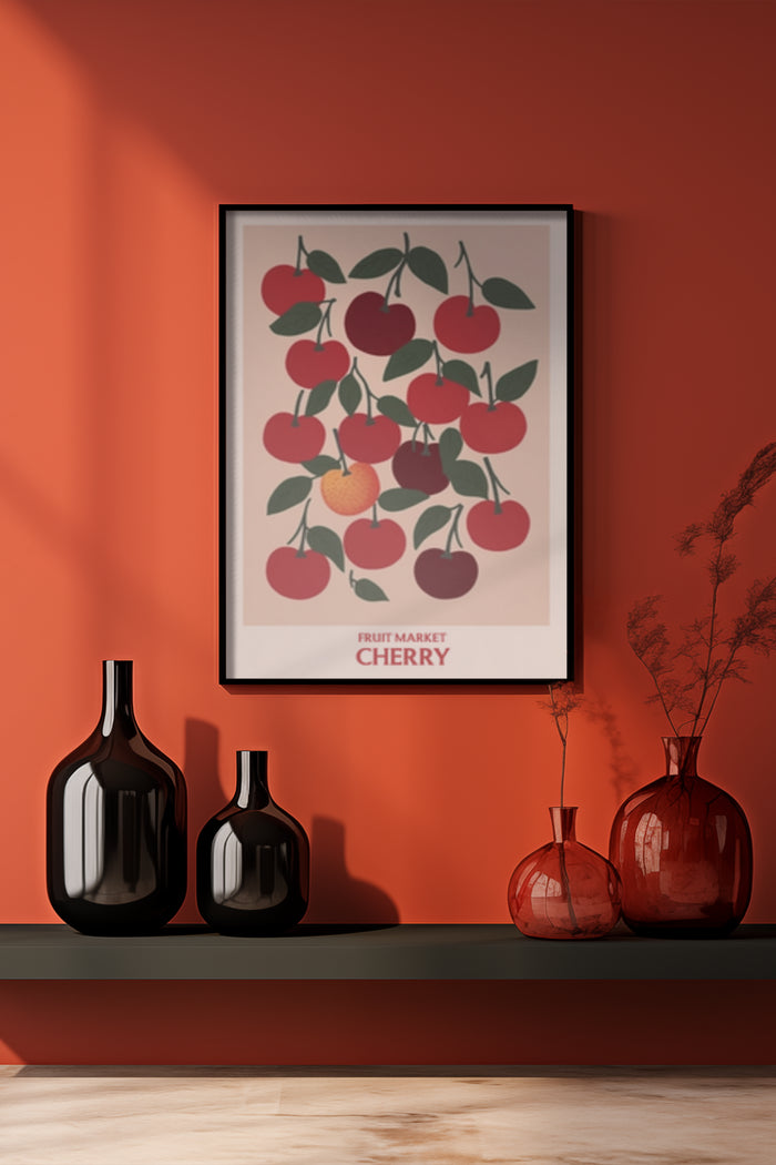 Modern interior design featuring fruit market cherry poster artwork with decorative vases