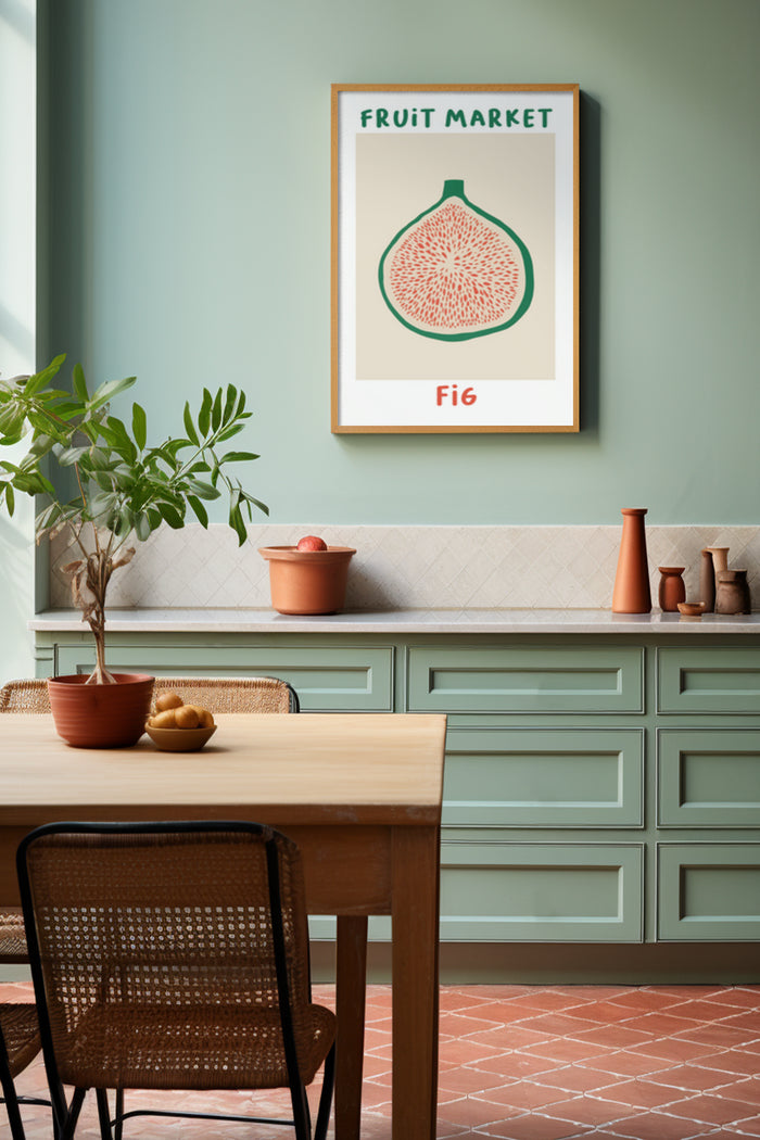Sophisticated kitchen interior with fruit market fig poster on the wall