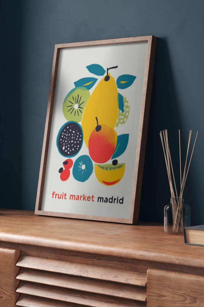 Vintage-style fruit market advertisement poster displayed in a frame featuring illustrations of fruits with 'Fruit Market Madrid' text