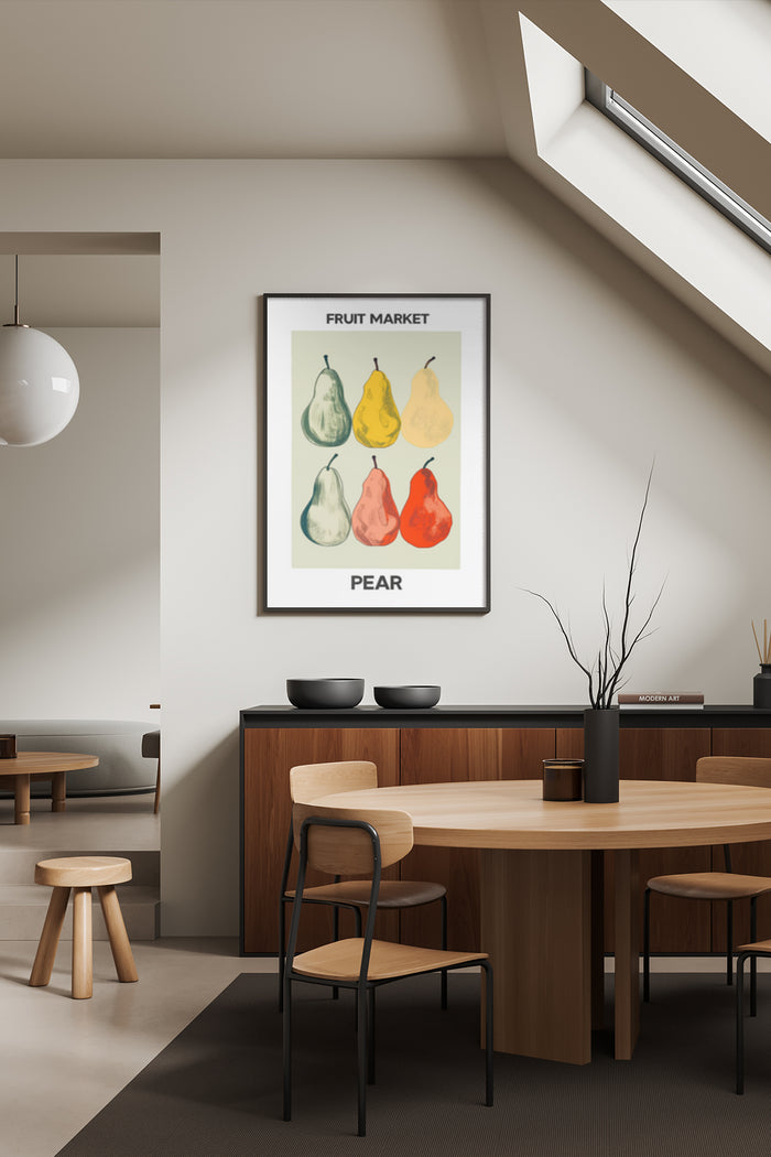 Minimalist fruit market poster with watercolor pears in a stylish modern dining room