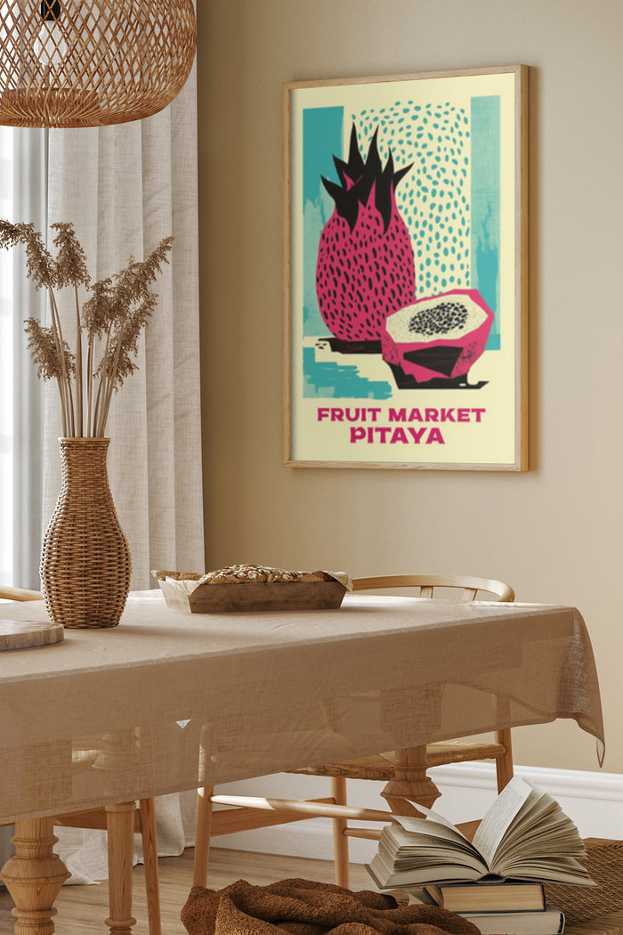 Vintage style Fruit Market Pitaya poster in a modern dining room
