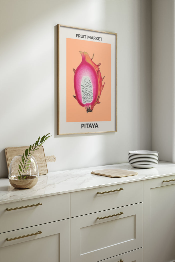 Stylish fruit market advertisement poster featuring a vibrant Pitaya (Dragon Fruit) illustration
