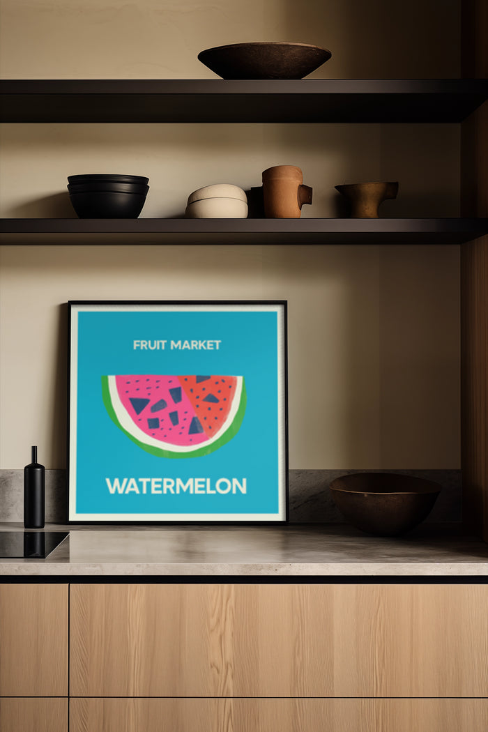 Watermelon poster advertising Fruit Market displayed on shelf