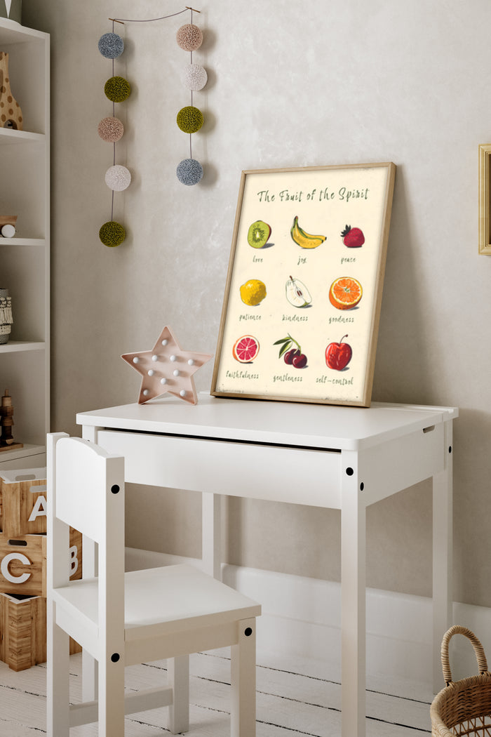 Inspirational 'The Fruit of the Spirit' poster with illustrated fruits in a child's room setting