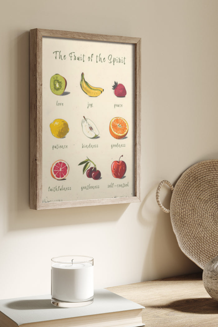 Inspirational Fruit of the Spirit wall art poster featuring various fruits associated with love, joy, peace, patience, kindness, goodness, faithfulness, gentleness, and self-control