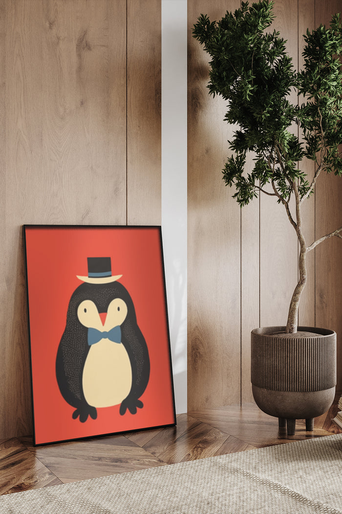 Cartoon Gentleman Penguin with Top Hat and Bow Tie Illustration Poster in Modern Interior
