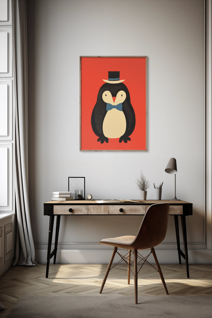 Stylish artwork of a penguin wearing a top hat and bow tie on a red background, displayed in a contemporary room setting